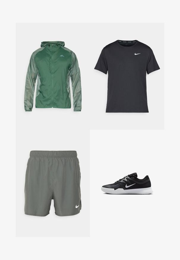 Vihreä kevyt takki, jossa on koko vetoketju, säädettävä huppu ja erottuvat tekstuuriset hihat. Rinnassa on pieni logo.; Musta Nike juoksupaita, joka on valmistettu kevyestä ja hengittävästä materiaalista. Paidassa on lyhyet hihnat ja pieni valkoinen logo rinnassa.; Nike uimar Shorts tummassa vihreässä. Valmistettu kevyestä materiaalista ja siinä on joustava vyötärö, jossa on valkoinen logo alhaalla oikealla puolella.; Musta urheilukenkä, jossa on teksturoitu päällinen, valkoinen Nike-tikkaus ja valkoinen kumipohja. Kenkässä on nauhakuji ja dynaaminen muoto.