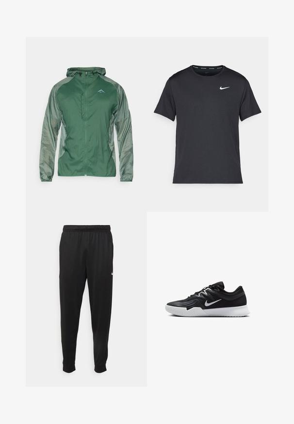 Zelená ľahká bunda s plným zipsom, nastaviteľnou kapucňou a kontrastnými textúrovanými rukávmi. Obsahuje malé logo na hrudníku.; Čierne bežecké tričko Nike vyrobené z ľahkého a priedušného materiálu, s krátkymi rukávmi a malým bielym logom na hrudi.; Čierne športové nohavice z hladkej tkaniny, s elastickým pásom, zužujúcimi sa nohavicami a malým bielym logom na ľavej strane.; Čierna športová topánka s textúrovaným zvrškom, bielym logom Nike a bielou gumovou podrážkou. Má šnurovací dizajn a dynamický tvar.