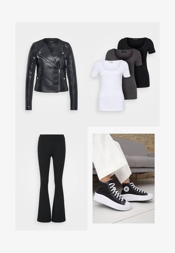 Črna usnjena jakna z asimetričnim zadrgo, motorističnim ovratnikom, srebrnimi dodatki in prilegajočo zasnovo. Gladka tekstura.; Tri prilegla majica v beli, sivi in črni barvi. Vsaka ima širok izrez na vratu in kratke rokave. Narejene so iz gladkega, raztegljivega materiala.; Črne hlače s širokimi hlačnicami, izdelane iz raztegljive tkanine, z visokim pasom in gladko teksturo. Hlače se širijo od kolena navzdol.; Črne platnene visoke superge z belimi gumijastimi podplati in vezalkami. Imajo krožni logotip na strani in kontrastno bele šive.