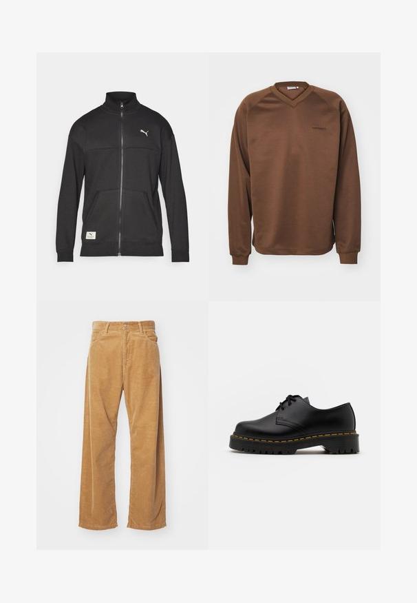 Svart zip-jakke laget av teksturert stoff, med høy krage, sidelommer og en liten logo på brystet.; Brun genser med v-halsdesign, lange raglanermer og ribbede mansjetter. Har en subtil brodert logo på brystet. Glatt tekstur.; Bredde benbukser i kordfløjl i en tanfarve. Har strukturerede, lodrette ribber, med en standard talje og to forlommer.; Svart lær snøresko med rund tå, teksturert gummisåle og gul søm rundt bunnen. Flat design og glatt overflate.