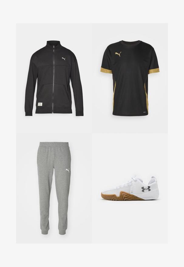 Zwarte zip-up jas van textuurstof, met een hoge kraag, zijzakken en een klein logo op de borst.; Zwarte sport T-shirt met gouden accenten op de mouwen en zijkanten. Voorzien van een ronde hals, korte mouwen en vochtregulerende DRYCELL-stof.; Grijze trainingsbroek van zacht materiaal, met een elastische tailleband, taps toelopende pijpen en een wit logo op de linker dij.; Witte sportschoenen met een bovenwerk van mesh, rubberen buitenzool in een gomkleur, textuuraccenten en een zwart logo op de zijkant.