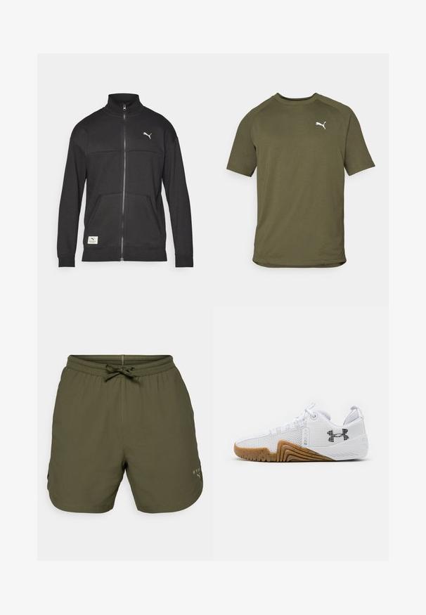 Black zip-up jacket made of textured fabric, featuring a high collar, side pockets, and a small logo on the chest.; Olive green short-sleeve t-shirt, made of smooth fabric, features rounded neckline and white logo on the left chest side.; Olive green athletic shorts made of lightweight fabric, featuring an elastic waist with a drawstring and a small logo detail on the side.; White athletic shoes featuring a mesh upper, rubber outsole with a gum color, textured accents, and a black logo on the side.