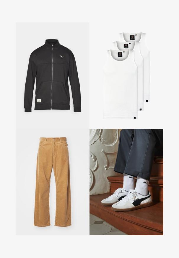 Zwarte zip-up jas van textuurstof, met een hoge kraag, zijzakken en een klein logo op de borst.; Drie witte geribde tanktops van katoen. Kenmerken zijn een ronde hals en kleine zwarte labels nabij de zoom. Verkrijgbaar in meerdere maten.; Corduroy wijde broek in een tan kleur. Kenmerkt zich door geprofileerde, verticale ribbels, met een standaard tailleband en twee voorzakken.; Puma sneakers in wit en zwart suède, met een bruine rubberen zool. Gecombineerd met witte sokken met een zwart logo, gedragen met donkere broek.