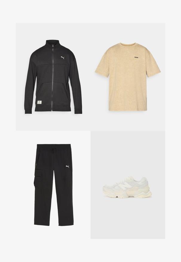 Crna jakna na zip od teksturiranog materijala, s visokim kragnom, bočnim džepovima i malim logotipom na prsima.; Bež majica preko veličine, s mekim teksturom, kratkim rukavima i okruglim izrezom. Ima malu crnu oznaku na prsima s imenom branda.; Crne cargo hlače s elastičnom trakom u struku i vezicom. Ima bočne džepove i mali logo na lijevoj nozi. Lagani materijal.; Lagana tenisica s gornjim dijelom od mrežice i antilopa u blagim krem tonovima, srobustnom potplatom i trodimenzionalnim detaljima.