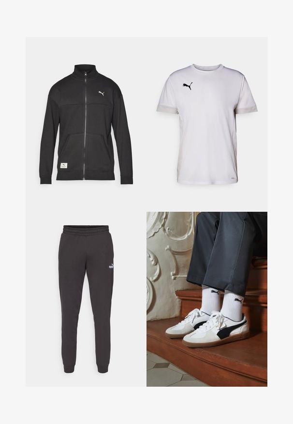 Giubbotto zip-up nero realizzato in tessuto testurizzato, con colletto alto, tasche laterali e un piccolo logo sul petto.; Maglietta sportiva bianca a maniche corte con collo rotondo, dotata di inserti in mesh traspirante ai lati e un logo Puma nero sul petto.; Pantaloni da tuta grigio scuro con vita elasticizzata, gambe affusolate e un piccolo logo Puma bianco sulla coscia sinistra. Materiale in morbido misto cotone.; Sneakers Puma in suede bianco e nero, con suola in gomma marrone. Abbinati a calzini bianchi con logo nero, indossati con pantaloni scuri.