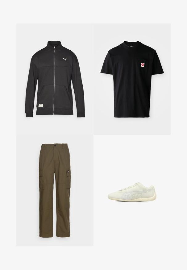 Zwarte zip-up jas van textuurstof, met een hoge kraag, zijzakken en een klein logo op de borst.; Zwarte katoenen t-shirt met een ronde halslijn, korte mouwen en een linkerkant borstzak met een rode hartpatch met witte tekst.; Olijfgroene cargobroek, gemaakt van duurzaam stof. Beschikt over twee zijzakken, een standaard taille en een rechte pijp.; Lichtgrijze sportshoe van suede, met een glad oppervlak, ronde neus, minimalistisch design, vetersluiting aan de voorkant en textuurelementen aan de zijkant.