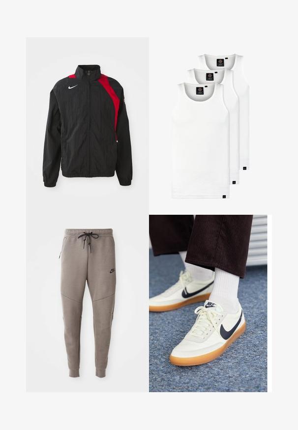 Černá větrací bunda s červenými akcenty, zipovým uzávěrem, vysokým límcem, elastickými manžetami a reflexním logem na hrudi. Lehká, strukturovaná tkanina.; Tři bílé žebrované tílka vyrobené z bavlny. Mají kulatý výstřih a malé černé štítky poblíž lemu. Dostupné v několika velikostech.; Šedé Nike tepláky s elastickým pasem na šňůrku, zúženými nohavicemi, bočními kapsami a charakteristickým švem. Měkká, strukturovaná tkanina.; Bílé kožené tenisky Nike s námořnickým swooshem, se gumovou podrážkou a bílými tkaničkami, doplněné bílými ponožkami po kotníky a tmavými kordovými kalhotami.