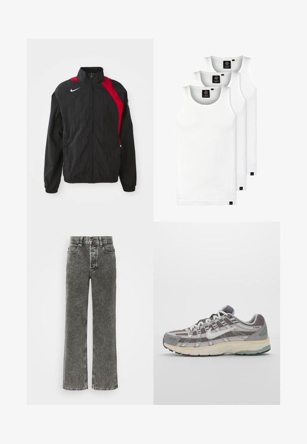 Melnas vēja necaurlaidīgās jakas ar sarkaniem akcentiem, ar rāvējslēdzēja aizdari, augstu apkakli, elastīgām piedurknēm un atstarotājā logotipa detaļu uz krūšu daļas. Viegls, teksturēts audums.; Trīs baltas ribotas krūšturi, kas izgatavoti no kokvilnas. Iezīmēti ar apaļu kakla izgriezumu un maziem melniem etiķetēm tuvu apakšmalai. Pieejami vairākos izmēros.; Platas kājas džinsi izbalinātā melnā denimbūrā, ar pogu aizdari, piecu kabatu dizainu un kontrastējošu diegu šuvju malās.; Pelēkie sporta apavi ar tīkla un zamša augšdaļu, baltiem akcentiem, mīkstinātu zoli un izcilu dizainu ar atstarotājiem.