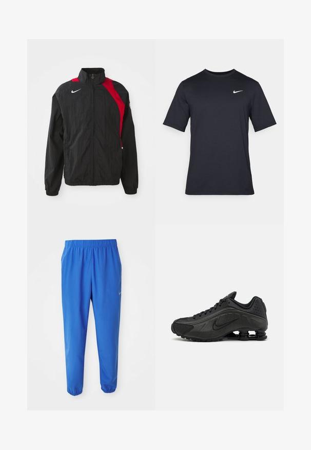 Schwarze Windjacke mit roten Akzenten, Reißverschluss, hohem Kragen, elastischen Bündchen und reflektierendem Logo-Detail auf der Brust. Leichtes, strukturiertes Material.; Schwarzes, kurzärmliges Nike-T-Shirt aus glattem Material, mit einem weißen Swoosh-Logo auf der oberen linken Seite und Rundhalsausschnitt.; Blaue Sporthosen mit elastischem Bund, geradem Bein und schmal zulaufenden Säumen. Mit dem goldenen Nike-Logo auf der linken Seite.; Schwarze Laufschuhe mit einem glatten synthetischen Obermaterial, durchbrochenen Akzenten, strukturierten Seitenpaneelen und einer ausgeprägten federnden Sohle.