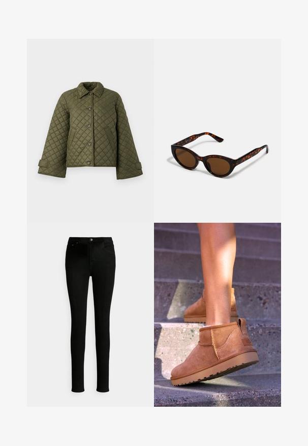 Quilted olivgrüne Jacke mit Kragen, großen Knöpfen und Glockenärmel. Verfügt über diagonale Nähte und seitliche Taschen.; Schwarzer Rundhalsausschnitt-Pullover aus weichem Stoff, mit langen Ärmeln und einem schlichten, einfachen Design ohne ausgeprägte Muster oder Akzente.; Schwarze Denim-Jeans mit schmaler Passform, ausgestattet mit einem normalen Bund, vorderen Taschen und einem klassischen Knopfverschluss.; Beige Wildleder-Ankelstiefel mit weicher Textur, gesteppten Details und einer Gummisohle, ausgestattet mit einer Schlaufe an der Ferse für einfaches An- und Ausziehen.; Braune Schildpatt-Sonnenbrille mit einer Vintage-Cat-Eye-Form und braunen Gläsern. Verfügt über gebogene Bügel mit roten Akzenten.; Beige Schal mit einem schwarz-roten karrierten Muster, aus weichem Material gefertigt. Mit Fransen am Rand. Etikett am unteren Ende sichtbar.
