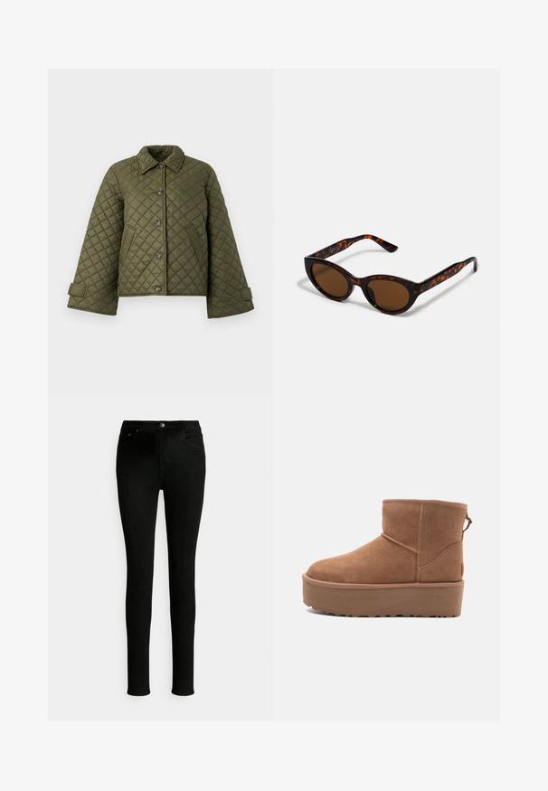 Quilted olive green jacket with a collar, large buttons, and bell sleeves. Features diagonal stitching and side pockets.; Black, crew-neck sweater made from soft fabric, featuring long sleeves and a clean, simple design without distinct patterns or accents.; Black denim jeans with a slim fit, featuring a standard waistband, front pockets, and a classic button closure.; Tan suede ankle boot with a platform sole, rounded toe, and stitching accents; features a pull tab at the back for easy wear.; Brown tortoiseshell sunglasses with a vintage cat-eye shape and brown lenses. Features curved arms with red accents.; Beige scarf with a black and red checkered pattern, made from soft material. Finished with fringe edges. Tag visible at the bottom.