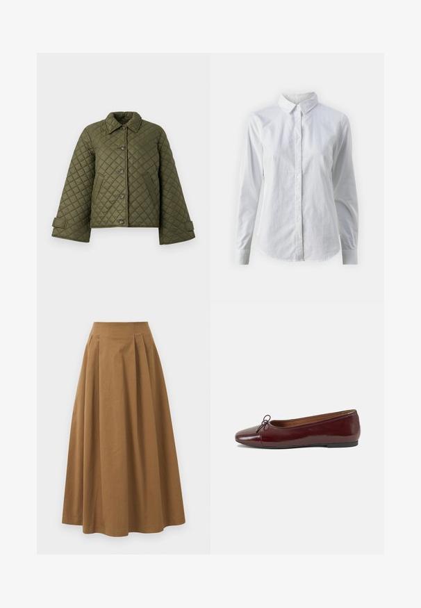 Gequilted olijfgroene jas met een kraag, grote knopen en klokmouwen. Heeft diagonale stiksels en zijzakken.; Witte overhemd met knopen van glad katoen, met een klassieke kraag, lange mouwen en een afgeronde zoom. De knopen zijn klein en wit.; Bruine katoen A-lijn rok met een hoge taille, voorzien van plooien aan de voorkant en een gladde textuur. De zoomafwerking is schoon en eenvoudig.; Bordeaux gepatenteerd lederen ballerina met een ronde neus, een klein strikaccent aan de voorkant en een lage, zwarte rubberen zool. Glad textuur.