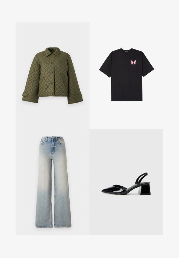 Quilted olivgrüne Jacke mit Kragen, großen Knöpfen und Glockenärmel. Verfügt über diagonale Nähte und seitliche Taschen.; Schwarzes Baumwoll-T-Shirt mit kurzen Ärmeln, das ein kleines pinkes Schmetterlingsmotiv auf der linken Brust zeigt. Crewneck-Design mit einem entspannten Schnitt.; Hellblaue weit geschnittene Jeans aus Denim, mit hoher Taille, fünf Taschen und sichtbaren Nähten entlang der Säume.; Schwarze Lackleder-Slingback-High Heels mit spitzem Schuh und einem geometrischen Blockabsatz. Verfügt über ein schlankes, minimalistisches Design und eine glatte Textur.