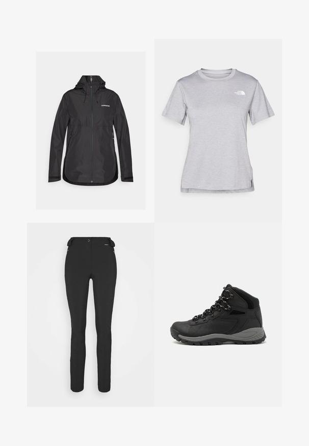Musta vedenpitävä takki, jossa on korkea kaulus, säädettävät nyörit, etuvetoketju ja sivutaskut. Rinnassa on huomaamaton brändilogo.; Harmaa lyhythihainen t-paita, joka on valmistettu pehmeästä, kosteutta siirtävästä kankaasta. Siinä on pyöreä kaula-aukko ja pieni valkoinen logo vasemmassa yläkulmassa.; Mustat, slim fit -housut, jotka on valmistettu joustavasta materiaalista. Ominaisuuksiin kuuluu vetoketjullinen sivutasku, muotoillut polvet ja sileä pinta.; Musta vaelluskenkä, jossa on puolivartinen muotoilu, jolle on ominaista teksturoitu päällinen, harmaat yksityiskohdat ja kestävä kumipohja, jossa on pitoita lisääviä lukuja.
