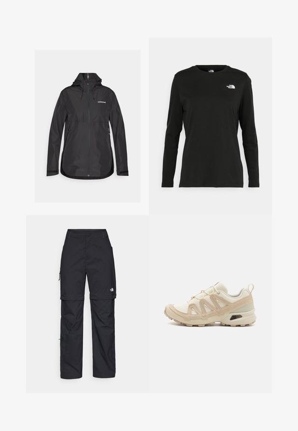 Black waterproof jacket with a high collar, adjustable drawstrings, front zipper, and side pockets. Features a subtle brand logo on the chest.; Black long-sleeve t-shirt made of cotton with a round neck. Features a small white logo on the left chest area. Simple design and fit.; Black nylon zip-off cargo trousers with adjustable cuffs, multiple pockets, and a logo on the right leg. Smooth, lightweight texture.; Beige and cream athletic shoe with textured mesh upper, supportive overlays, and rubber outsole featuring a tread pattern for traction.