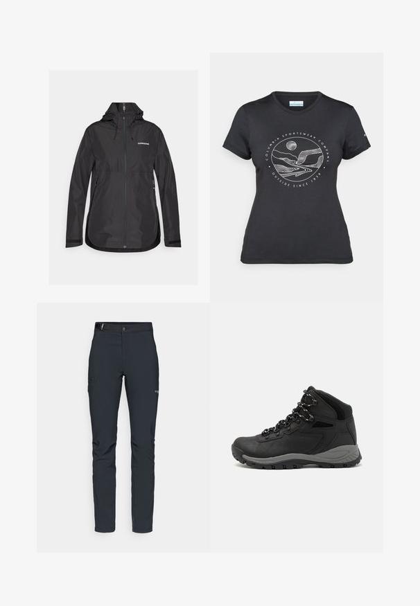 Black waterproof jacket with a high collar, adjustable drawstrings, front zipper, and side pockets. Features a subtle brand logo on the chest.; Black Columbia t-shirt with white circular mountain and river line art and text "Columbia Sportswear Company Outside Since 1938."; Men's outdoor pants, dark gray, made from flexible material, featuring a belt, zippered pockets, and reinforced stitching.; Black hiking boot with a mid-top design, featuring a textured upper, gray accents, and durable rubber sole with traction lugs.