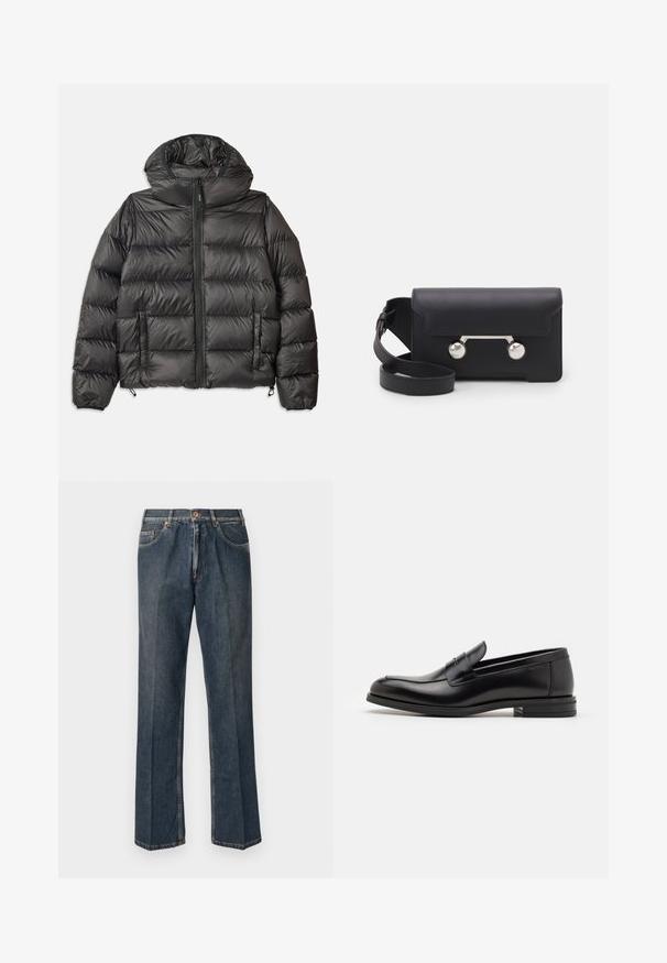 Black puffer jacket with a hood, featuring a zip front, two side pockets, and quilted texture. Made from lightweight, insulated material.; Black sweater with a textured pattern in dark green. Features a crew neck, long sleeves, and ribbed cuffs and hem.; Dark blue straight-leg denim jeans with front button, zip fly, double front pockets, and visible vertical creases down the legs.; Black leather loafers with a smooth texture, rounded toe, and a decorative strap across the vamp. Low stacked heel, minimalist design.; Black leather crossbody bag with a flap closure, silver-tone hardware, and two round accents. Features a detachable strap. Smooth texture.