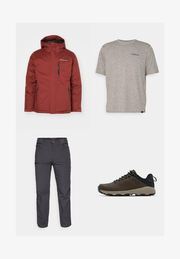 Giacca impermeabile color marrone scuro con cappuccio, zip frontale e tasche laterali. Tessuto testurizzato con logo nella zona superiore sinistra del petto.; T-shirt grigio a maniche corte realizzato in un morbido tessuto di texture, con un piccolo logo blu di Patagonia sul lato sinistro del petto. Senza ulteriori fantasie.; Pantaloni grigi scuri realizzati in tessuto resistente, dotati di tasca con zip, taglio dritto e passanti per cintura per una vestibilità regolabile.; Sneakers impermeabili marroni con tomaia testurizzata, dettagli perforati, supporto al tallone nero e suola in gomma grigia. I lacci sono decorati con estremità metalliche.