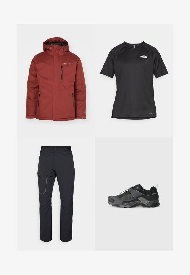 Bordo vodootporna jakna s kapuljačom, prednjim zipom i bočnim džepovima. Teksturirana tkanina s logotipom na gornjem lijevom dijelu prsnog koša.; Crna kratkotrajna atletska majica s teksturiranom tkaninom, koja ima bijeli logo na lijevom prsnom dijelu i ravni rub.; Crne vanjske hlače s patentnim zatvaračem na butu, elastičnim pojasom i glatkim, vodootpornim materijalom. Čist dizajn bez vidljivih logotipa.; Crne trail trkačke tenisice s izdržljivim mrežastim gornjištem, ojačanim vrhom, teksturiranim gumenenim potplatom i elastičnim sistemom vezivanja za sigurnu prilagodbu.