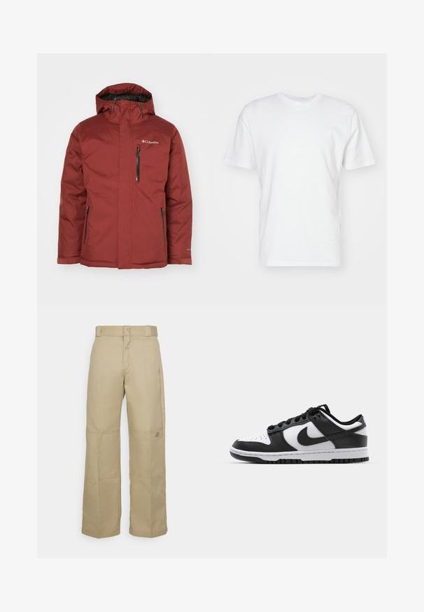 Bordová nepromokavá bunda s kapucí, předním zipem a bočními kapsami. Texturovaná tkanina s logem v horní levé části hrudi.; Bílý bavlněný tričko s krátkým rukávem, kulatým výstřihem a hladkým povrchem. Jednoduchý design bez vzorů nebo grafik.; Béžové široké kalhoty vyrobené z pevné látky, s vysokým pasem, viditelným šitím a malou logovanou nášivkou na boku.; Černobílé tenisky Nike Dunk s koženým svrškem, perforovanou špičkou, černými tkaničkami a černou gumovou podrážkou s dezénem.