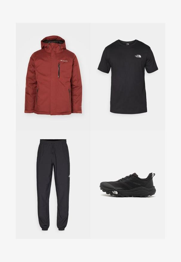 Maroon waterproof jacket with a hood, front zipper, and side pockets. Textured fabric with logo on the upper left chest area.; Black short-sleeve t-shirt made of cotton, featuring a round neckline and a small white logo on the upper left chest area.; Black athletic pants made from lightweight fabric, featuring a drawstring waistband, side pockets, and tapered cuffs at the ankles.; Black trail running shoe with a textured upper, rubber sole, and reinforced toe cap. Features a padded collar and pull tab for easy wear.