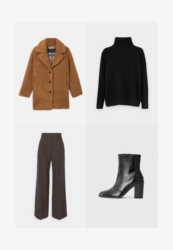 Casaco de ursinho castanho com três botões pretos, lapelas largas e forro de estampado de leopardo visível na gola.; Camisola preta de malha com gola alta canelada, ombros caídos e corte solto. Apresenta punhos e bainha canelados para dar textura.; Calças largas castanhas escuras com cintura alta, apresentando pregas bem vincadas, textura suave e um corte ajustado.; Bota ankle preta em pele com uma textura suave, bico fino e um salto alto robusto. Apresenta uma abertura lateral e um design minimalista.