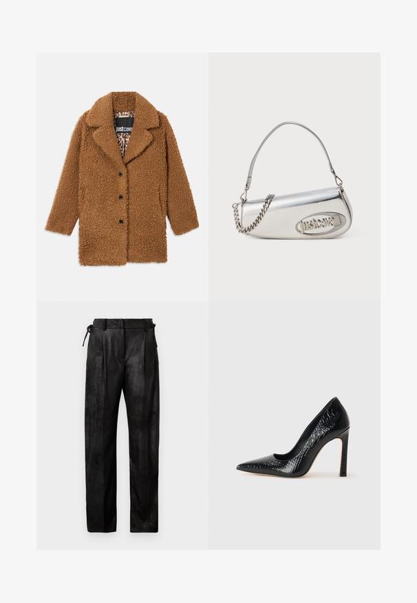 Hnedý medvedí kabát s tromi čiernymi gombíkmi, širokými klopami a podšívkou s leopardím vzorom viditeľnou vo vnútri goliera.; Čierny dlhý rukáv elastický crop top z textúrovanej látky, s priliehavým strihom a zhrnutím v oblasti poprsia.; Čierne, vysoké nohavice vyrobené z textúrovaného materiálu. Majú rovný strih nohavíc, skladanie a nastaviteľný šnúrkový pás.; Čierna lodička s špicatou špičkou a lakovanou textúrou krokodíla, s elegantným dizajnom, vysokým stiletto podpätkom a hladkým čiernym interiérom.; Strieborná metalická kabelka s okrúhlo trojuholníkovým tvarom, s logom, reťazovým popruhom a hladkou textúrou. Zips na bočnej strane.