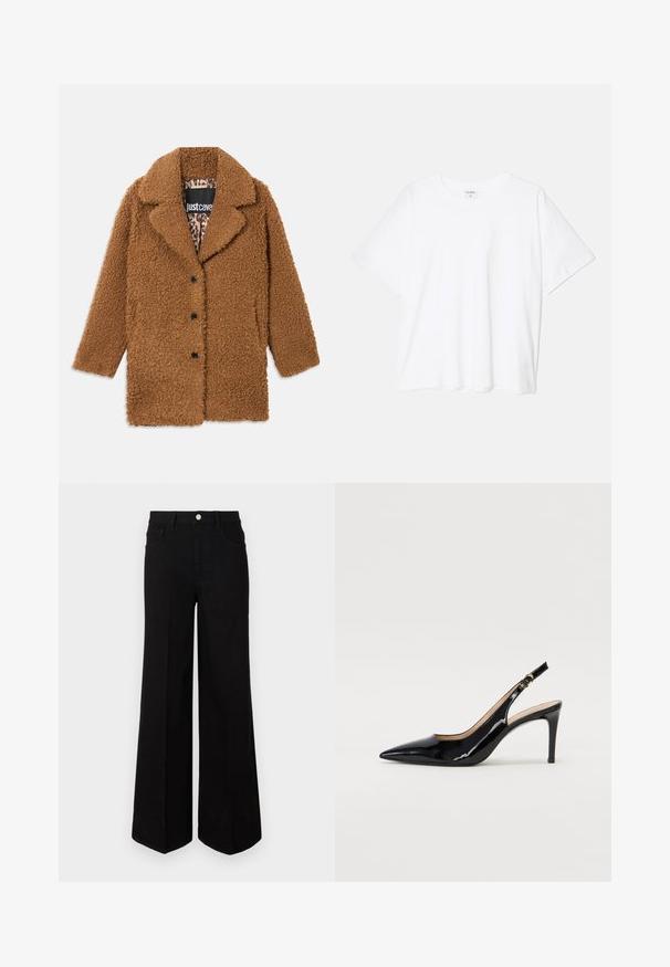 Palton călduț maro, cu trei butoane negre, rever larg și căptușeală cu imprimeu de leopard vizibilă în interiorul gulerului.; Tricou alb din bumbac, cu mâneci scurte, guler rotund, croi lejer și tiv cusut. Eticheta este vizibilă pe interiorul gulerului.; Jeanși negri cu picior larg, fabricați dintr-un material rezistent, având talie înaltă, buzunare frontale și închidere cu nasture în față. Tăietură dreaptă la bază.; Pantofi slingback din piele patent neagră, cu vârful ascuțit, tocul subțire și un design discret cu decupaj. Se evidențiază printr-un cataramă aurie pe curea.