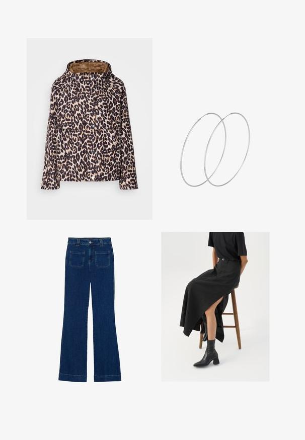 Leopardų rašto striukė su gobtuvu, su mygtukų uždarymu, ilgomis rankovėmis ir minkšta medžiaga su rudais vidiniais pamušalu.; Jūrinis turtlenckas ilgomis rankovėmis. Pagamintas iš minkštos medžiagos su lygiu paviršiumi. Turi prigludusį dizainą ir aukštą apykaklę be matomų siūlių.; Tamsiai mėlynos džinsinės flared kelnės su lygiu paviršiumi, penkių kišenių dizainu ir mygtuko uždarymu ties juosmeniu.; Juoda lininė maksi sijonas su aukštu plyšiu, vilkimas su juodu marškinėliu ir juodais aulinukais. Minimalistinis dizainas su laisvu siluetu.; Sidabrinės pusmėnulio auskarai minimalistiniu dizainu. Apskritimo forma, lygus paviršius ir plonas profilis. Lengvi su poliruotu apdailu.