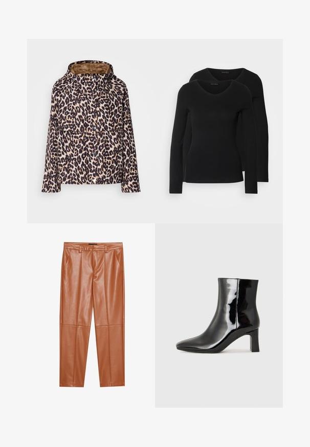 Kabát s leopardím vzorom a kapucňou, s gombíkovým zapínaním, dlhými rukávmi a mäkkou látkou s hnedou vnútornou podšívkou.; Dvoje čiernych košieľ s dlhým rukávom a výstrihom do V, vyrobených z mäkkej a elastickej látky, s jemnou textúrou a priliehavým strihom.; Hnedé nohavice z umelého kože s prispôsobeným strihom, s prednými záhybmi a rovnými nohavicami. Hladká textura bez viditeľných kovových prvkov alebo akcentov.; Čierne lakované členkové topánky s špicatou špičkou a stredne vysokým blokovým podpätkom. Hladká textúra a minimalistický dizajn.