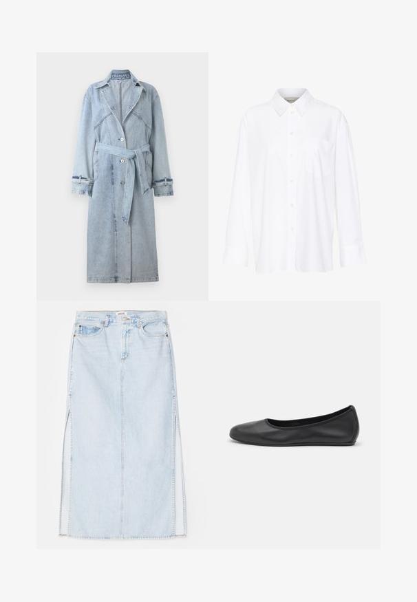 Stieglitz CAZ TRENCHCOAT - Trenssi - blue; Valkoinen pitkähihainen kauluspaita, joka on valmistettu puuvillasta. Paidassa on napitettava etuosuus ja yksi rintatasku. Pehmeä pinta, rento malli.; Vaaleansininen farkkumaxi-hame, jossa on suora leikkaus, sivuaukot ja viisitaskumallinen muotoilu. Korostetut saumat ja metallinappikiinnitys.; Musta nahkainen ballerina, jossa on pyöristetty kärki, sileä pinta, minimaalinen ommelkoristelu ja joustava pohjamuotoilu.