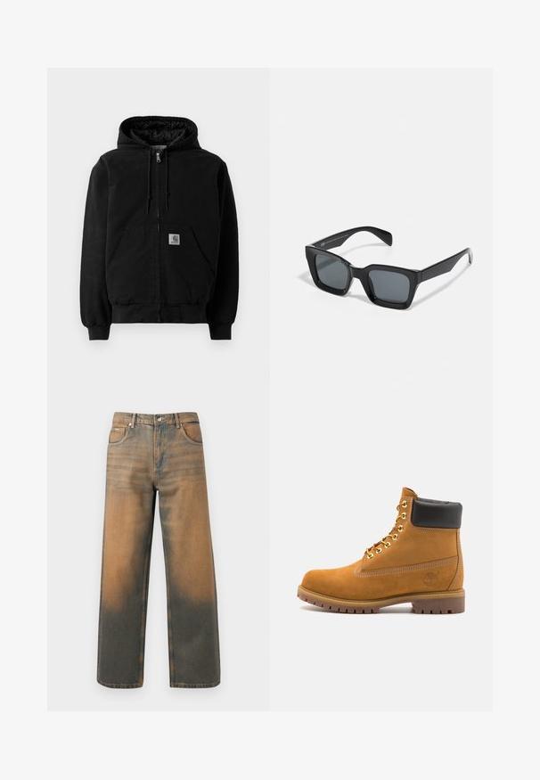 Schwarze Zip-Jacke mit Kapuze, Fronttaschen, verstellbarem Kordelzug in der Kapuze, gerippten Bündchen und einem kleinen Carhartt-Logo-Patch auf der Tasche.; Weißer Hoodie mit einem großen, gedruckten Ausweis-Design in Blau, Gelb und Schwarz, mit einer Fronttasche und Kapuze mit Zugband.; Weite Jeans aus verwittertem blauem und braunem Denim. Sie haben eine hohe Taille, Vorderseiten-Taschen und einen klassischen Knopfverschluss mit metallischen Akzenten.; Beige Wildleder-Ankle-Boot mit schwarzem gepolstertem Kragen, goldenen Metallösen, weißen Nähdetalben und einer robusten Gummisohle mit ausgeprägtem Profil.; Schwarze rechteckige Sonnenbrille mit dunklen Gläsern. Kunststoffrahmen mit glänzender Oberfläche, ausgestattet mit einer breiten Brücke und leicht verjüngten Bügeln.
