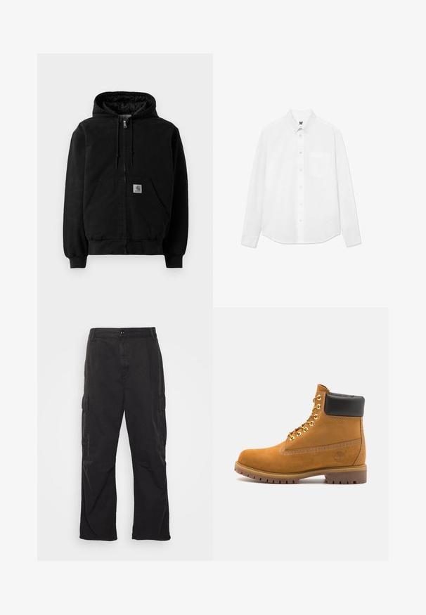 Sort zip-up hættejakke med forlommer, snoretræk i hætten, ribbede manchetter og et lille Carhartt-logo patch på lommen.; Hvid langærmet skjorte med knapper, krave, forlommer og subtil tekstur. Frontlukning har knapper og et lille logo-detalje.; Sorte cargo bukser med lige ben, der har to sidelommer, knaplukning og en struktureret stof.; Tan nubuck ankelstøvle med sort polstret krave, gyldne metaløjer, hvid syning detaljer og robust gummisål med udtalte slidbaner.