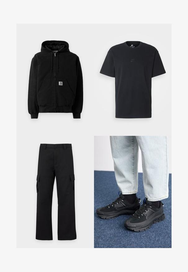 Črna jakna s kapuco na zadrgo, sprednjimi žepi, kapuco s vrvico, rebrastimi manšeti in majhnim logotipom Carhartt na žepu.; Nike črna bombažna majica z klasičnim okroglim izrezom, kratkimi rokavi in subtilnim, vtisnjenim logotipom na prsih. Gladka tekstura.; Črne cargo hlače s ravnim krojem. Narejene so iz trpežnega materiala in imajo dve stranski žepi s poklopcem ter gumbasto zaponko.; Črne športne čevlje z teksturirano tkanino in gumijastimi podplati, ki imajo elastične vezalke ter modre poudarke na peti. Nosi se z lahkimi denim hlačami.