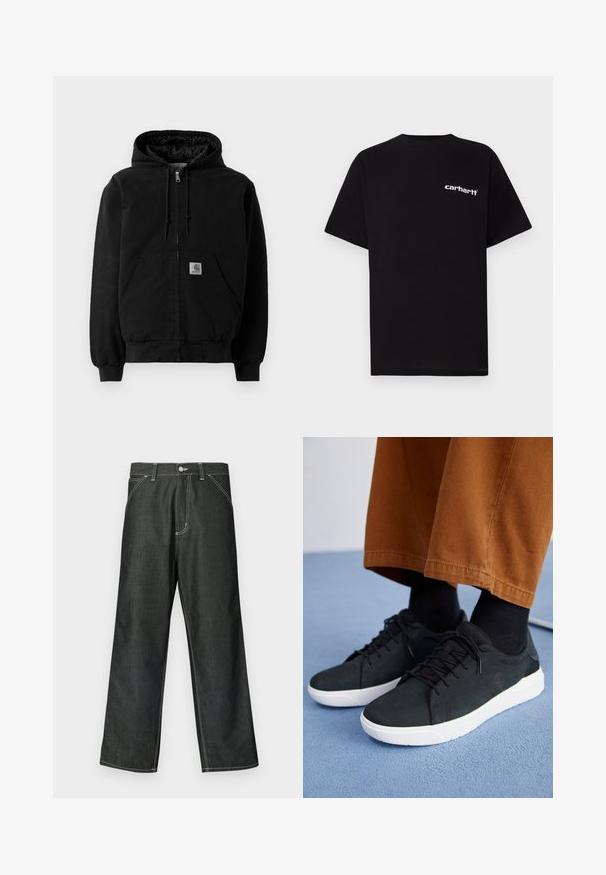 Fekete cipzáras kapucnis dzseki elülső zsebekkel, húzózsinóros kapucnival, bordás mandzsettákkal és egy kis Carhartt logós folttal a zseben.; Fekete pamut rövid ujjú póló kerek nyakkivágással és fehér "Carhartt" logóval a bal mellrészen. Simaszövetű, letisztult dizájn.; Sötét farmerszövetből készült, széles szárú nadrág fehér varrással, szabványos öt zsebes kialakítással, fém gombbal záródik, és egyenes szegélyű.; Fekete velúrbőr sneaker fehér gumitalppal, fűzős dizájnnal, texturált részletekkel és diszkrét márkázással, barna nadrággal párosítva.
