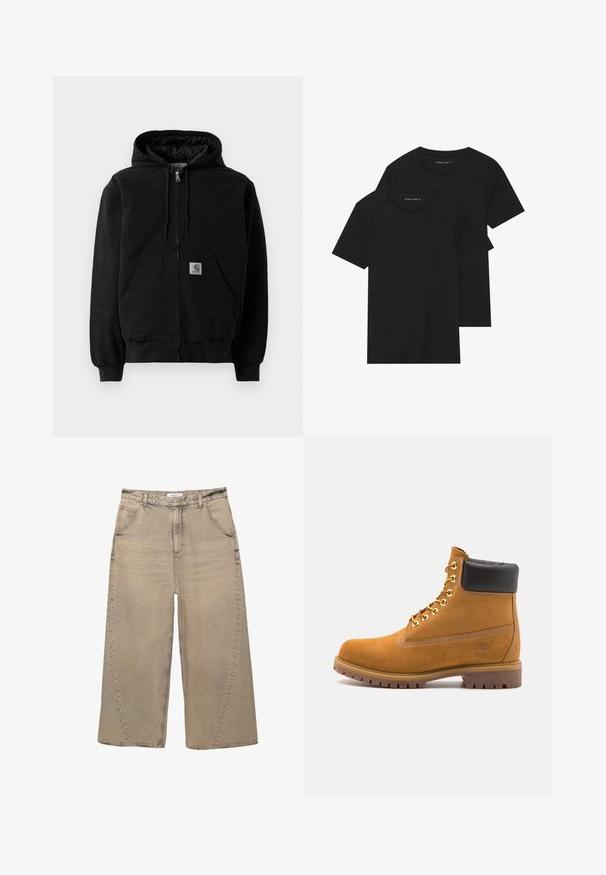 Sort zip-up hættejakke med forlommer, snoretræk i hætten, ribbede manchetter og et lille Carhartt-logo patch på lommen.; To sorte bomulds t-shirts med korte ærmer, rund halsudskæring og en glat tekstur, vist stablet sammen.; PULL&BEAR MEGA BAGGY - Baggy jeans - light grey; Tan nubuck ankelstøvle med sort polstret krave, gyldne metaløjer, hvid syning detaljer og robust gummisål med udtalte slidbaner.