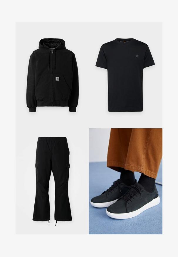 Giacca a zip nera con cappuccio, tasche frontali, cappuccio con cordoncino, polsini a coste e una piccola etichetta con il logo Carhartt sulla tasca.; T-shirt in cotone nero con collo a giro, maniche corte e un piccolo logo ricamato sul petto. Texture liscia, vestibilità classica.; Pantaloni cargo neri con fascia elastica in vita, dotati di tasche laterali e gambe svasate con zip sui polsini, esposti su uno sfondo bianco.; Sneakers in suede nera con suole in gomma bianca, dotati di un design con lacci, accenti testurizzati e branding sottile, abbinati a pantaloni marroni.
