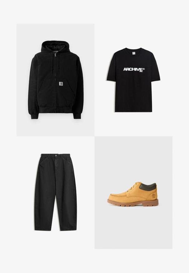 Čierna zipsová kapucňová bunda s prednými vreckami, kapucňou na šnúrku, rebrovanými manžetami a malou nášivkou Carhartt na vrecku.; Čierne bavlnené tričko s krátkymi rukávmi a okrúhlym výstrihom, s bielym logom "ARCHIVE inc." na hrudi.; Čierne široké nohavice z bavlny s vysokým pásom, prednými vreckami a jemnými švovými detailmi. Hladká textura bez vzorov.; Žlté kožené topánky s hnedou gumovou podrážkou, okrúly špička a zeleným koženým detailom okolo členku. Obsahujú zlaté očká a akcenty na šití.