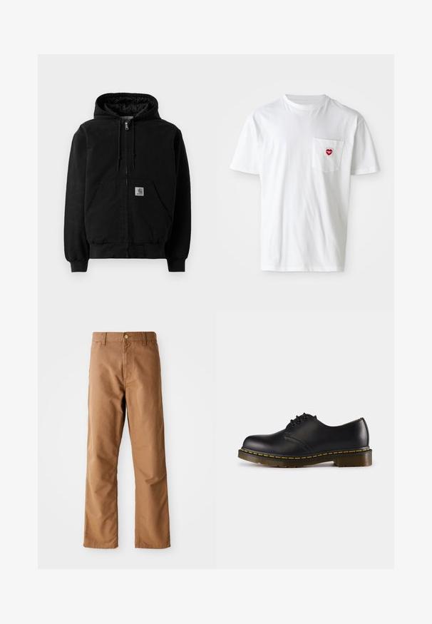 Jachetă neagră cu fermoar, cu glugă, care are buzunare frontale, glugă cu șnur, manșete ribbed și un mic logo Carhartt aplicat pe buzunar.; Tricou alb din bumbac, cu guler rotund și mâneci scurte. Prezintă un mic logo în formă de inimă roșie pe buzunarul din stânga pieptului.; Pantaloni drepți maro, cu bucle pentru curea, buzunare frontale, închidere cu nasture și fermoar, pe un fundal alb.; Pantof de piele neagră cu vârful rotunjit, design cu șireturi, cusătură galbenă de-a lungul tălpii și o talpă din cauciuc texturat, masivă.