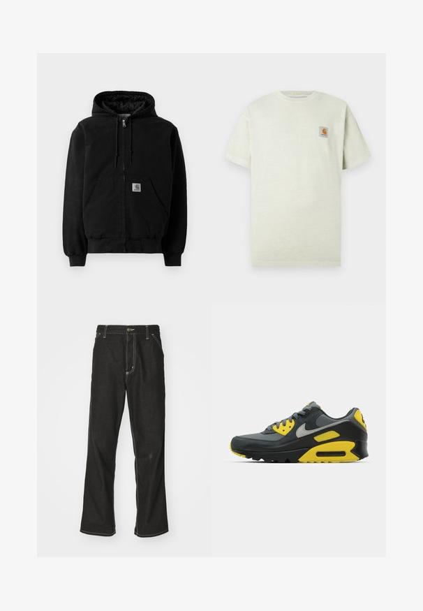 Melnā, ar rāvējslēdzēju aizverama kapucīna jaka ar priekšējiem kabatām, regulējamu kapuci, ribota apkakle un neliela Carhartt logo uzlīme uz kabatas.; Gaiši zaļš kokvilnas t-krekls ar īsām piedurknēm, apaļu dekoltē un mazu kvadrātveida uzlīmi ar logo kreisajā krūtī. Mīksta tekstūra.; Melni džinsi ar brīvu piegriezumu, ar kontrastējošu baltu diegu, pogu aizdari un taisnu kāju dizainu.; Pelēkās un dzeltenās Nike Air Max 90 kedas, kas izvietotas uz baltā fona, izceļot to dizainu un krāsu kontrastus.