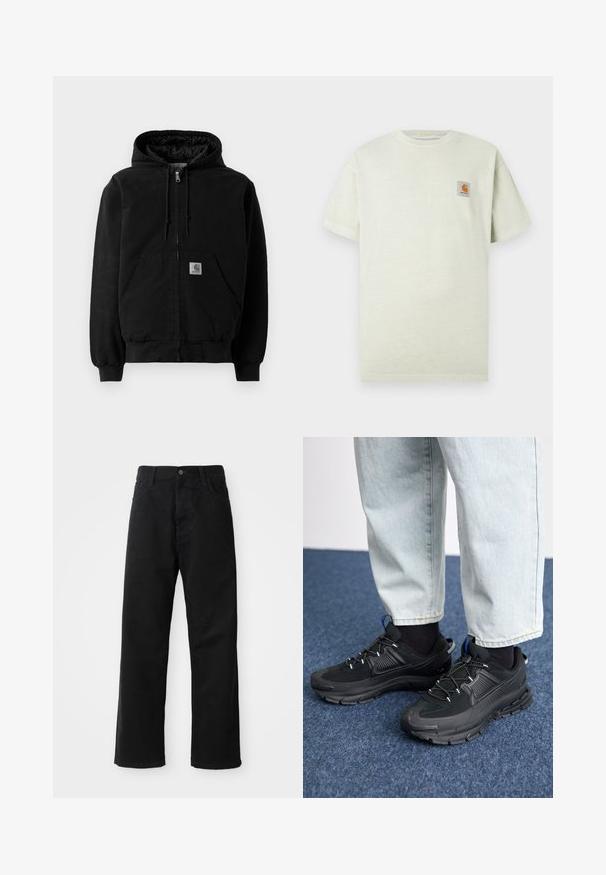 Svart zip-up hettegenser med frontlommer, snorjusterbar hette, ribbete mansjetter, og en liten Carhartt-logo patch på lommen.; Lys grønn bomull t-skjorte med korte ermer, rund halsutringning, og en liten firkantet lapp med logo på venstre bryst. Myk tekstur.; Svart denimbukser med rett snitt, med frontlommer, glidelåsgylf og en enkelt knapp i toppen. Teksturert stoff med matt overflate.; Svarte sportssko med teksturert stoff og gummisåler, med elastiske lisser og en blå detalj på hælen. Brukt med lyse denimbukser.