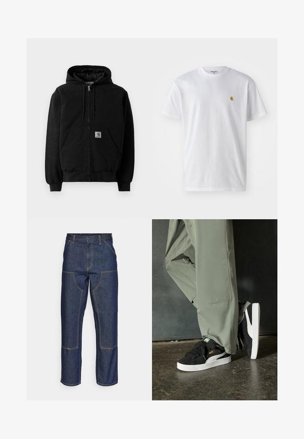 Sort zip-up hættejakke med forlommer, snoretræk i hætten, ribbede manchetter og et lille Carhartt-logo patch på lommen.; Hvid bomulds t-shirt med korte ærmer, rund hals og et lille guld logo på venstre brystområde. Blød tekstur og almindelig pasform.; Mørkeblå denim jeans med høj talje, lige ben-design, kontrastsyninger og lappelommer foran.; Sorte ruskinds sneakers med hvide gummisåler og sidestreger, parret med lysegrønne cargo bukser, stående på en struktureret mørk overflade.