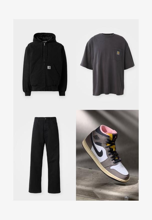 Svart zip-up hettegenser med frontlommer, snorjusterbar hette, ribbete mansjetter, og en liten Carhartt-logo patch på lommen.; Svart bomulls t-skjorte med korte ermer, rund hals og en lomme på venstre bryst med et firkantet logomerke. Enkel og uforfinedt design.; Svart denimbukser med rett snitt, med frontlommer, glidelåsgylf og en enkelt knapp i toppen. Teksturert stoff med matt overflate.; Høy topp Nike Air Jordan-sneaker i hvit, grå og svart med rosa indre og gul tunge, plassert på en betongoverflate.