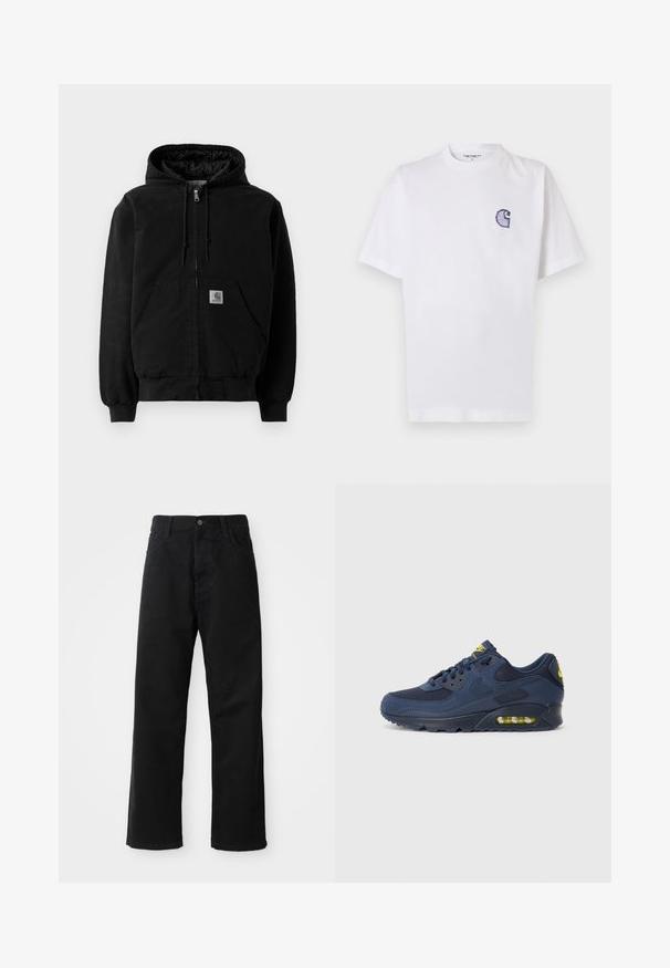 Musta vetoketjullinen huppari, jossa on etutaskut, kiristettävä huppu, ribbikudoksiset hihansuut ja pieni Carharttin logo -kangasmerkki taskussa.; Valkoinen puuvillainen lyhythihainen T-paita, jossa pyöreä kaula-aukko ja vasemmassa rinnassa pieni, kirjailtu sininen "C"-logo.; Musta farkkushortsit suoran leikkauksen kanssa, joissa on etutaskut, vetoketjuläppä ja yksi yläpainike. Rakenteellinen kangas matta pinnalla.; Laivastonsiniset Nike Air Max -lenkkarit, joissa on mokkabukseista ja verkkomateriaalista valmistettu yläosa, keltaisia yksityiskohtia, nyöritys etuosassa ja näkyvä ilmanvaimennus pohjassa.