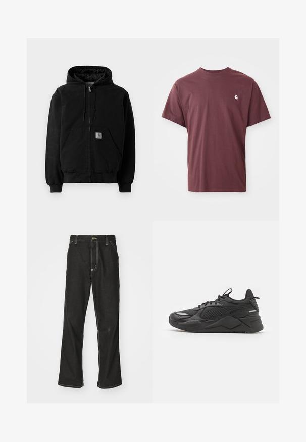 Črna jakna s kapuco na zadrgo, sprednjimi žepi, kapuco s vrvico, rebrastimi manšeti in majhnim logotipom Carhartt na žepu.; Burgundska bombažna majica s kratkimi rokavi, okroglim izrezom in majhnim belim logotipom na levem prsnem delu. Gladka tekstura, sproščen kroj.; Črne jeans hlače ohlapenega kroja, ki imajo kontrastno belo šivanje, zapiranje na gumb in ravno nogavico.; Črne tenisice z teksturirano zgornjico, ki vključuje mrežaste in sintetične materiale, debelem podplatu ter odsevnimi detajli za boljšo vidnost.
