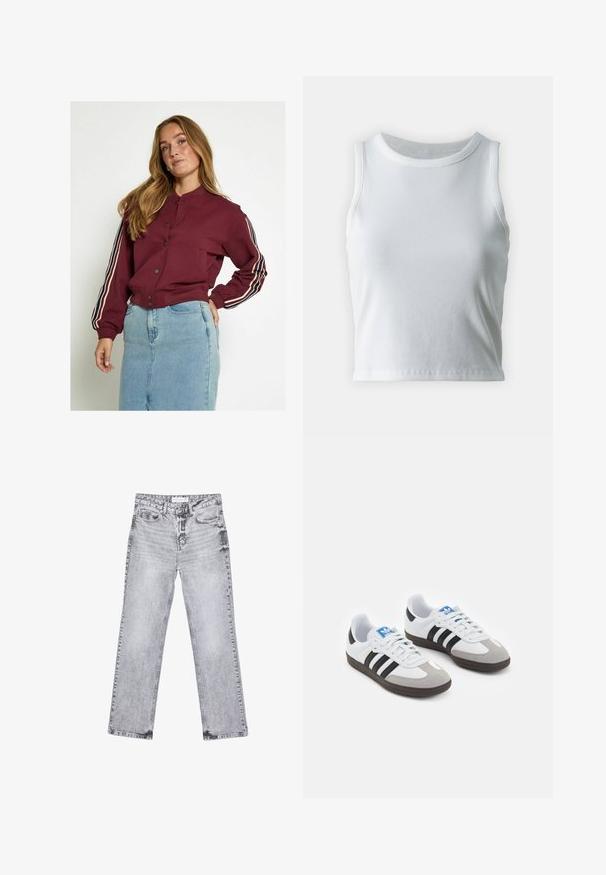 Bordowa kurtka bombowca z zapięciem na zatrzaski, posiada białe i granatowe paski na rękawach, ściągacze oraz skróconą sylwetkę.; Biała, prążkowana koszulka na ramiączkach z okrągłym dekoltem i bez rękawów, z prostym dołem i gładką, elastyczną teksturą.; Szare dżinsy o prostym kroju nogawki, z przetarciami, pięcioma kieszeniami i miedzianymi nitami. Pasek w talii posiada metkę z logo.; Buty sportowe z białą skórzaną cholewką, szarym zamszowym noskiem i trzema czarnymi paskami. Posiadają niebieskie logo na języku oraz teksturowaną gumową podeszwę.