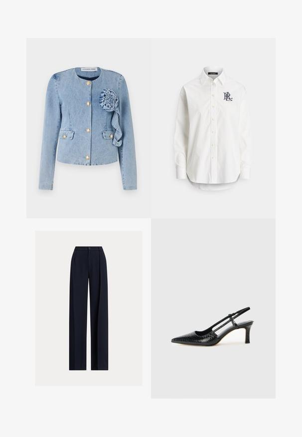 Lys blå denimjakke med rund hals, gullknapp-lukking, lappelommer og en dekorativ stoffblomst på venstre front.; Hvit bomullsskjorte med knapper, lange ermer, spiss krage, og en marineblå logo brodert på venstre bryst. Rundet kant nederst.; Marineblå vide bukser laget av glatt stoff. Inneholder en sentral press, midjebånd med beltehemper og en enkelt knappelukking.; Sorte patent slingback hæl med spids tå, featuring tekstureret slangeskind, justerbar rem og en kort, tekstureret blokhæl.