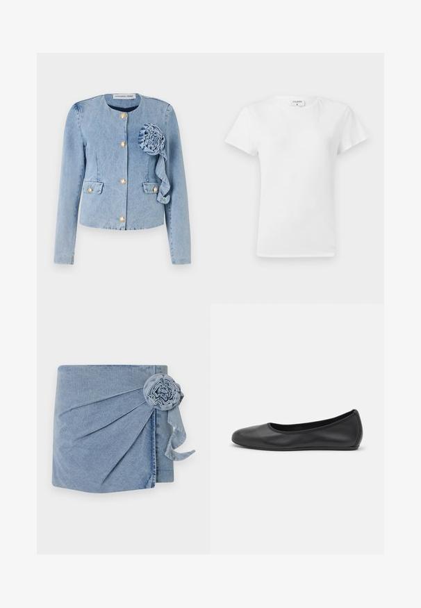 Light blue denim jacket with a round neckline, gold button closures, patch pockets, and a decorative fabric flower on the front left.; White cotton t-shirt with a crew neckline and short sleeves, featuring a relaxed fit and minimalistic design. Tag visible at the neck.; Denim wrap featuring a light blue hue, intricate pleating, and a decorative flower accent with a trailing ribbon. Soft texture and casual design.; Black leather ballet flat with a rounded toe, smooth texture, minimal stitching detail, and a flexible sole design.
