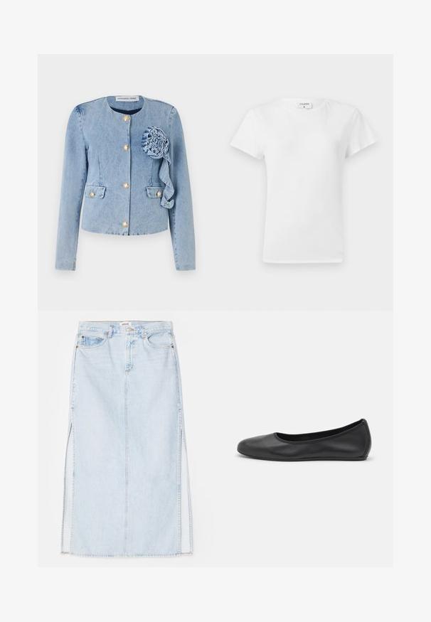 Light blue denim jacket with a round neckline, gold button closures, patch pockets, and a decorative fabric flower on the front left.; White cotton t-shirt with a crew neckline and short sleeves, featuring a relaxed fit and minimalistic design. Tag visible at the neck.; Light blue denim maxi skirt with a straight cut, featuring side slits and five-pocket design. Prominent stitching and metal button closure.; Black leather ballet flat with a rounded toe, smooth texture, minimal stitching detail, and a flexible sole design.