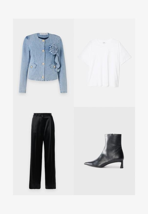 Light blue denim jacket with a round neckline, gold button closures, patch pockets, and a decorative fabric flower on the front left.; White cotton t-shirt with short sleeves, round neckline, relaxed fit, and stitched hem. Label visible on the inside neck.; Black high-waist satin trousers with straight wide legs, belt loops, and a flat front closure against a plain white background.; Black leather ankle boot with a pointed toe and a sleek design. Features a low heel and a zipper closure at the back. Smooth texture.